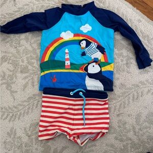 Baby Boden Navy & Aqua Puffin Rainbow Rashguard Two-Piece Swim Set